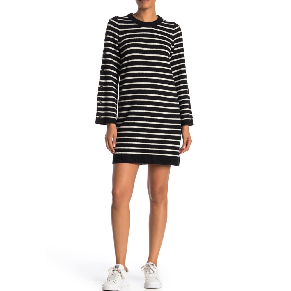 Madewell Button Sleeve Merino Wool Sweater Dress, Size Small, Color Black/White